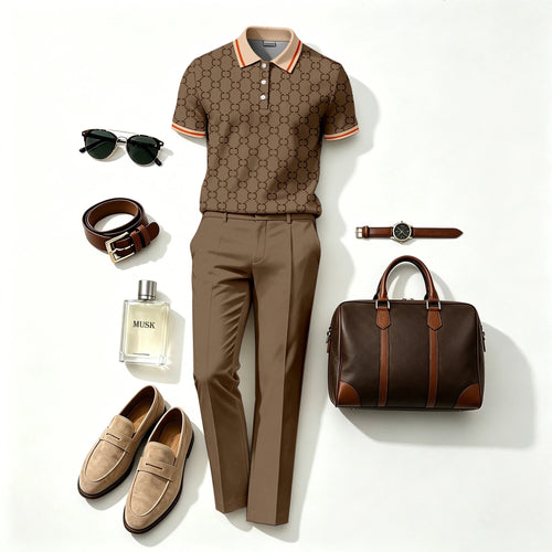 Men's Casual “Double C” Print Short-Sleeve Polo Shirt and Pants Two-Piece Set(Does Not Include Accessories Such As Watches Or Glasses)