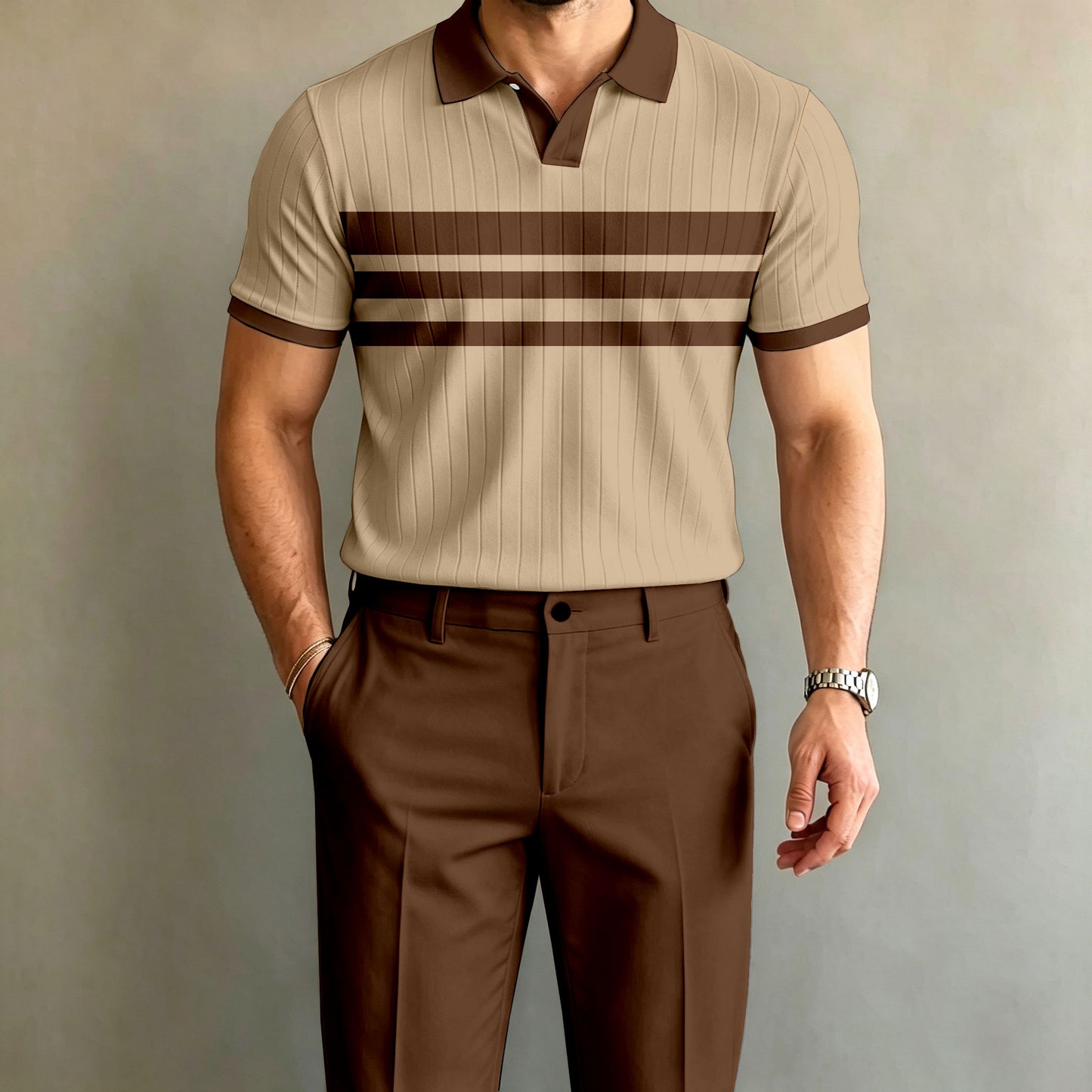 Men's Brown Striped Short-Sleeve Polo Shirt and Pants Set