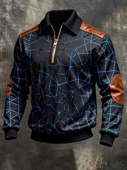 Men's Vintage Color-Block Printed Zip-Up Hoodie