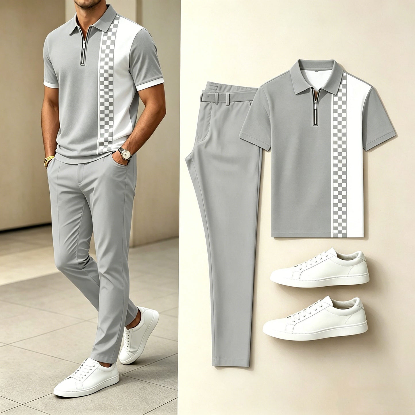 Men's Casual  Printed Polo Shirt And Pants Two-Piece Set