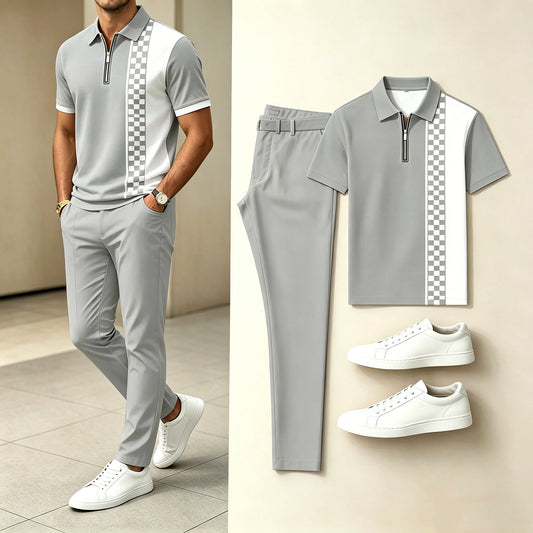 Men's Casual  Printed Polo Shirt And Pants Two-Piece Set