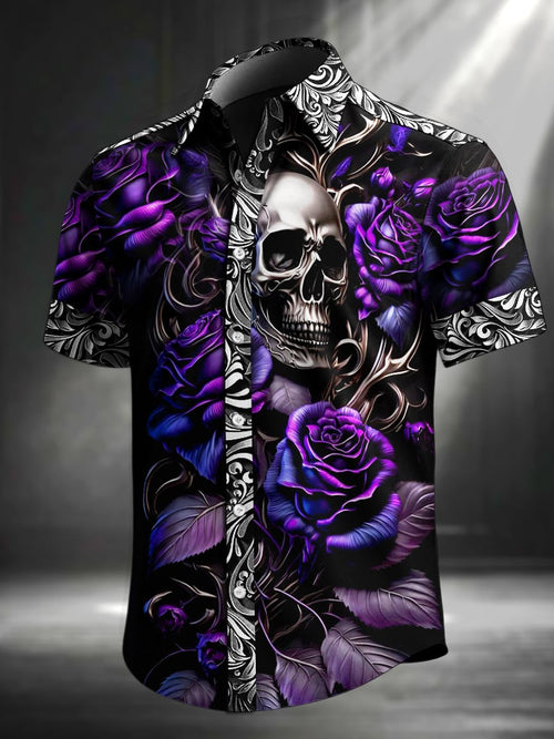 Men's Vintage Skull Floral Print Lapel Short Sleeve Shirt