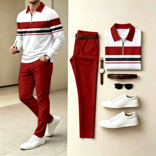 Men's Striped Polo-Collar Zipper Long-Sleeve Shirt and Pants Two-Piece Set