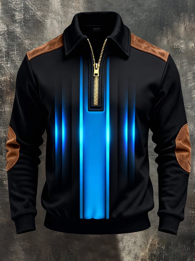 Men's Retro Color Block Print Zipper Sweatshirt