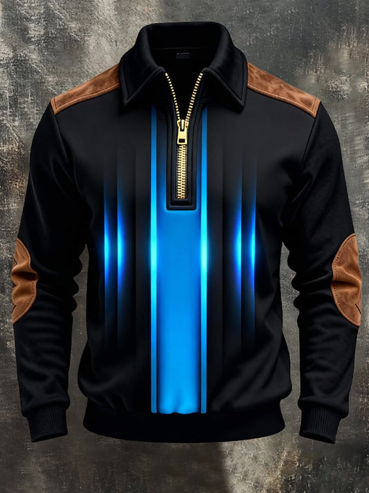 Men's Retro Color Block Print Zipper Sweatshirt
