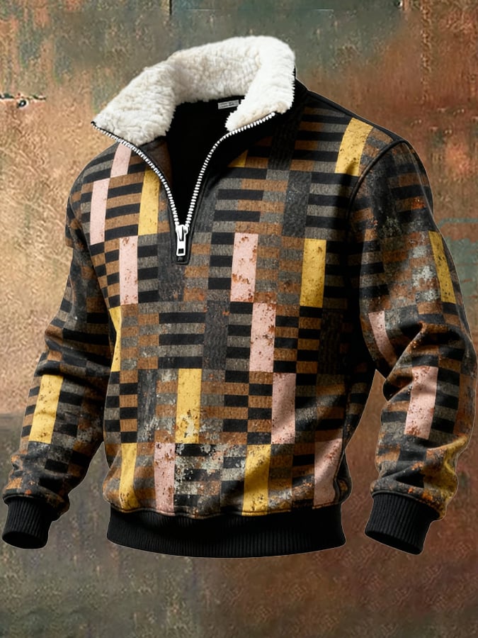 Men's Retro Color Block Print Casual Fur Collar Sweatshirt