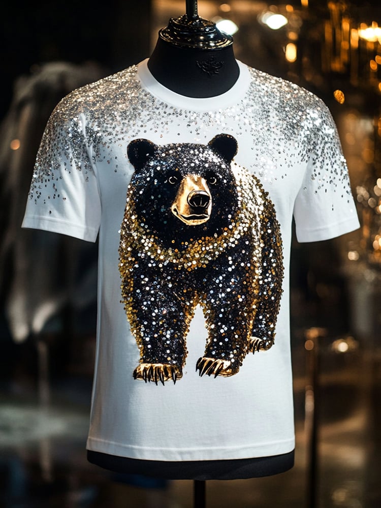Men's Black Bear Sequin Business Print Short Sleeve T-Shirt