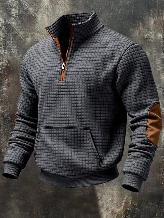 Men's Retro Jacquard Textured Patchwork Comfortable Color-Blocked Zip-Up Sweatshirt