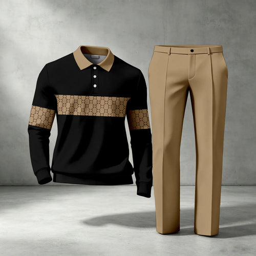Men's Striped Long-Sleeve Polo Shirt and Pants Two-Piece Set