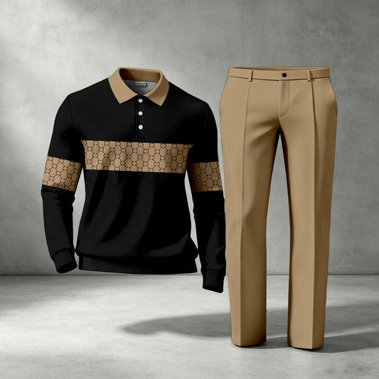 Men's Striped Long-Sleeve Polo Shirt and Pants Two-Piece Set