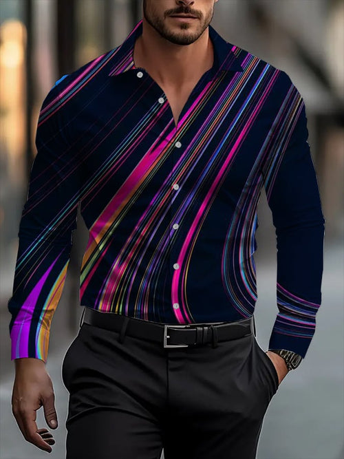 Men's Classic Business Plaid Stripe Print Long Sleeve Shirt