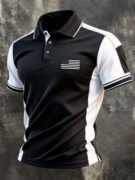 Men's Retro Patriotic Color-Block Short-Sleeve Polo Shirt