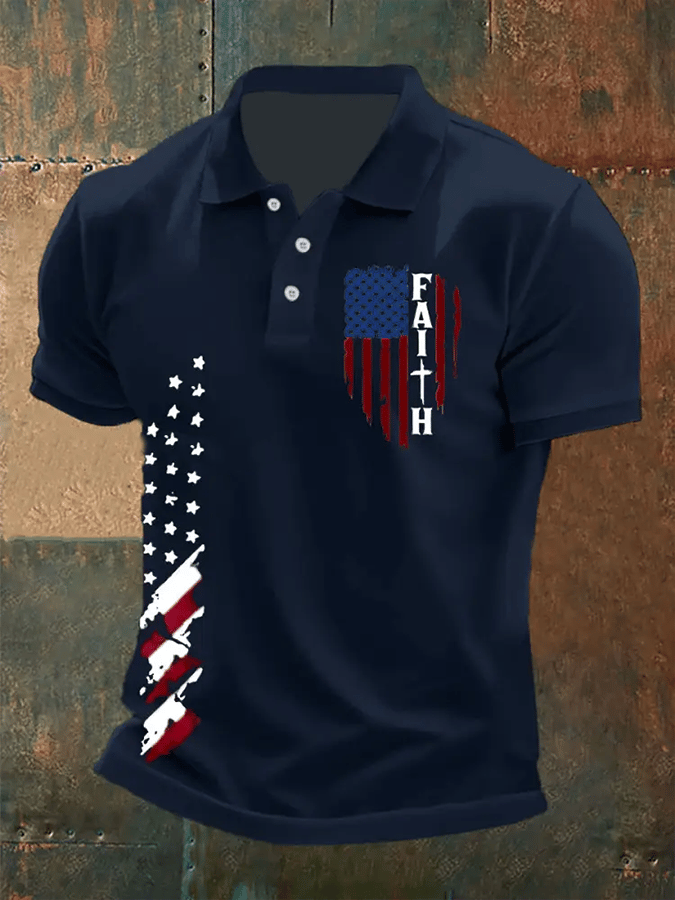 Men's Faith Cross America Flag Printed Short Sleeve POLO T-shirt