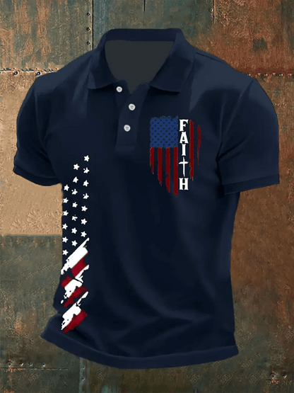 Men's Faith Cross America Flag Printed Short Sleeve POLO T-shirt