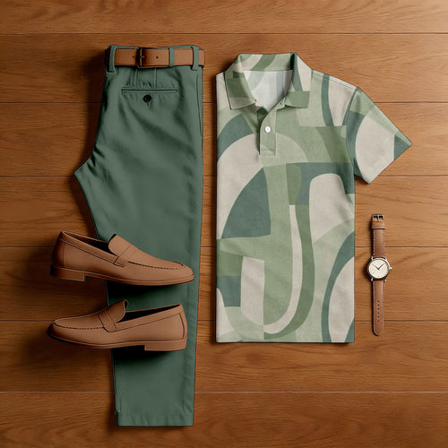 Men's Casual Multi Green Color Matching Geometric Printed Short Sleeved Polo Shirt & Trousers Two-Piece Set