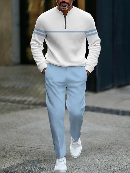 Men's Casual Color Matching Printed Round-Neck Zipper Long Sleeved Trousers Two-Piece Set