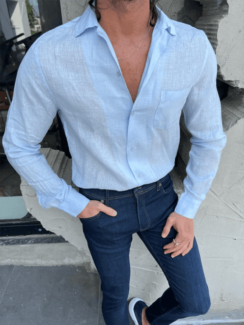 Men's Solid Color Design Business Casual Long Sleeve Shirt