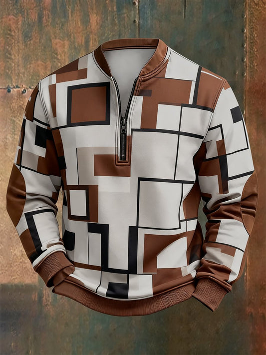 Men's Retro Bauhaus Geometric Style Print Quarter Zip Sweatshirt