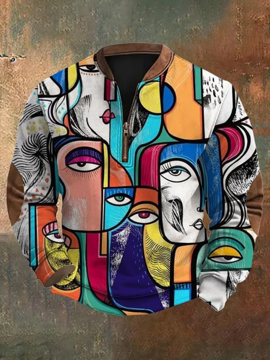 Men's Fashion Casual Art Geometric Print Zipper Neck Sweatshirt