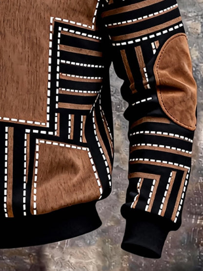 Men's Retro Color Block Print Color-Blocked Zip-Up Sweatshirt