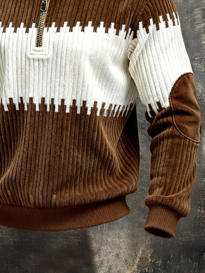 Men'S Vintage-Style Textured Patchwork Color-Block Long-Sleeved Sweatshirt