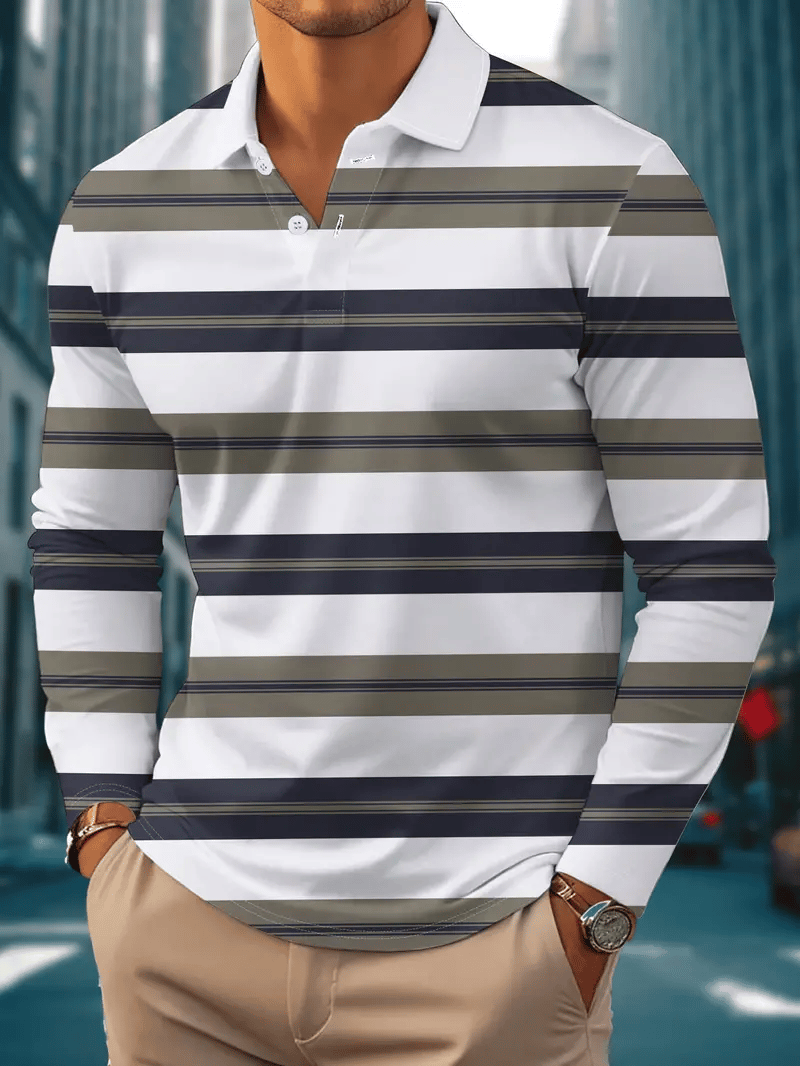 Men's Business Casual Striped Long-Sleeved Polo Shirt