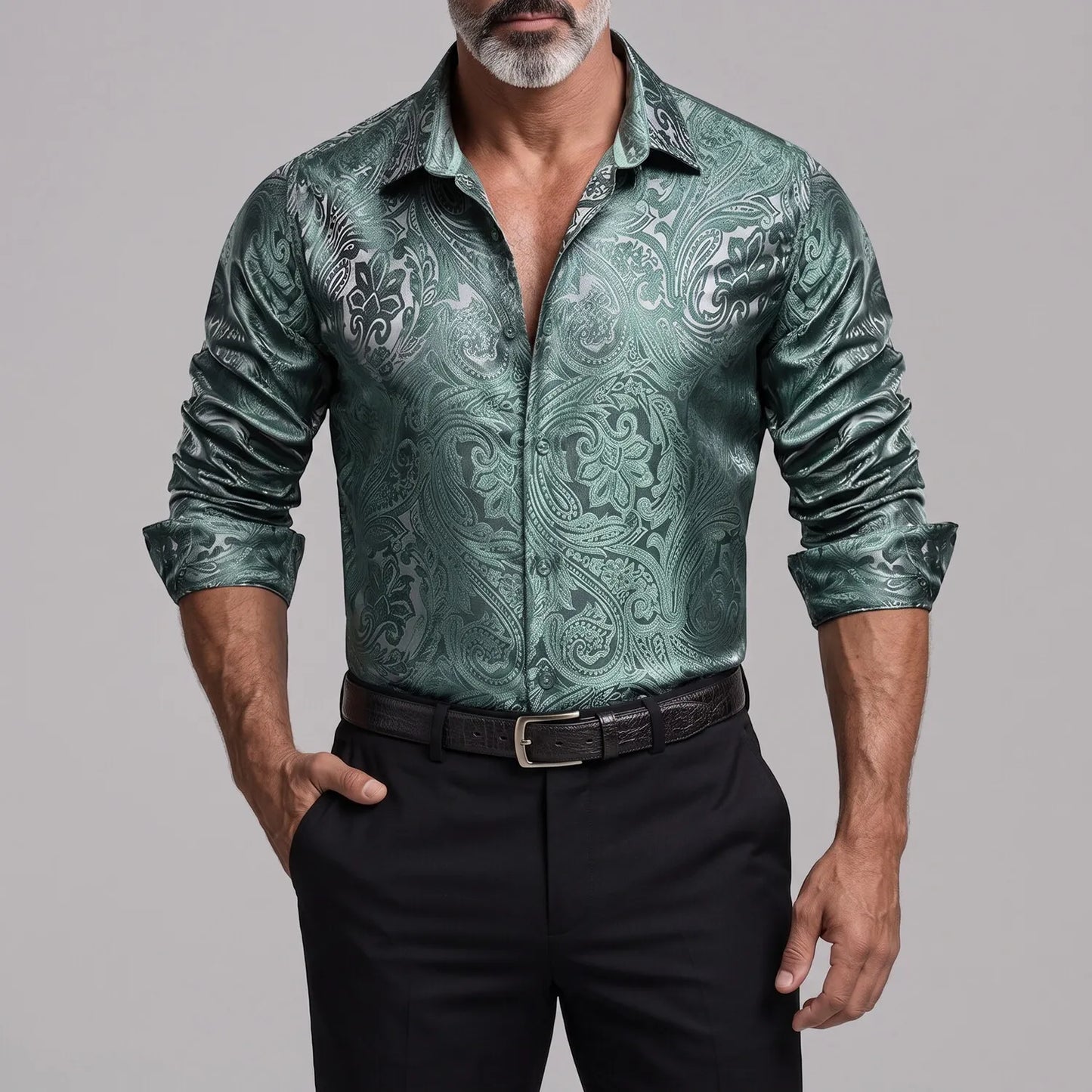 Men's Vintage Paisley Floral Print Button Up Slim Fit Long Sleeve Shirt
