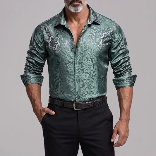 Men's Vintage Paisley Floral Print Button Up Slim Fit Long Sleeve Shirt