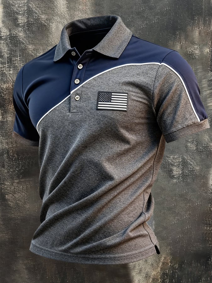 Men's Retro Patriotic Color-Block Short-Sleeve Polo Shirt