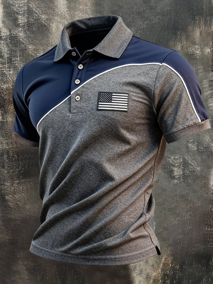 Men's Retro Patriotic Color-Block Short-Sleeve Polo Shirt