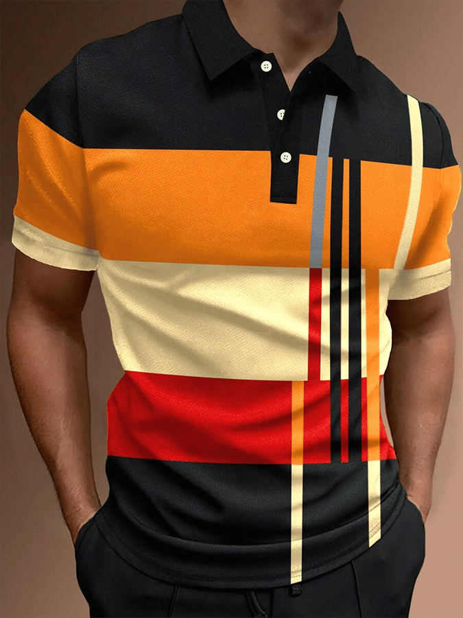 Men's Retro Contrast Design Button Short Sleeve Casual Polo Shirt