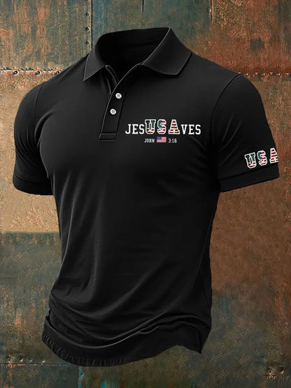Men's Vintage USA Jesus Saves  Printed Polo Shirt
