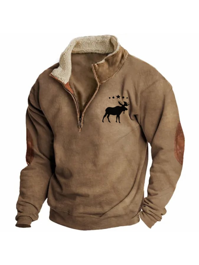 Men's Sweatshirt Retro Moose Creek Ethnic Print Plush Half Open Collar Pullover