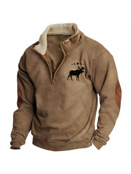Men's Sweatshirt Retro Moose Creek Ethnic Print Plush Half Open Collar Pullover