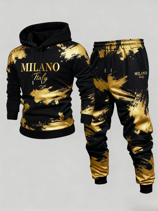 Men's Casual Black & Gold Color Matching Printed Hoodies Long Sleeved Sweatshirts & Sweatpants Two-Piece Set