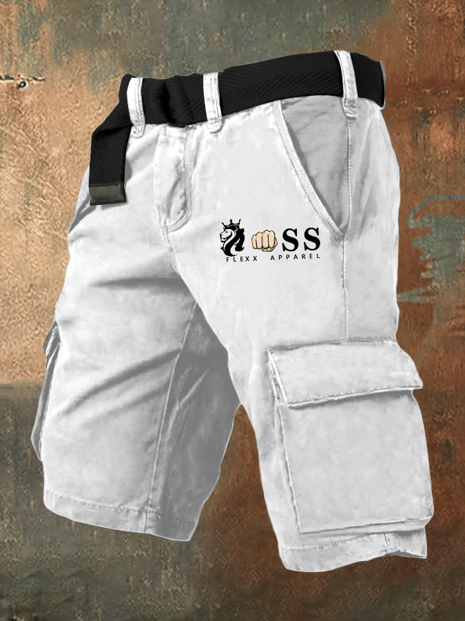 Men's Retro Letter Print Cargo Shorts (Belt Not Included)
