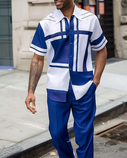 Men's Geometric Short-sleeved Trousers Two-piece Walking Suit