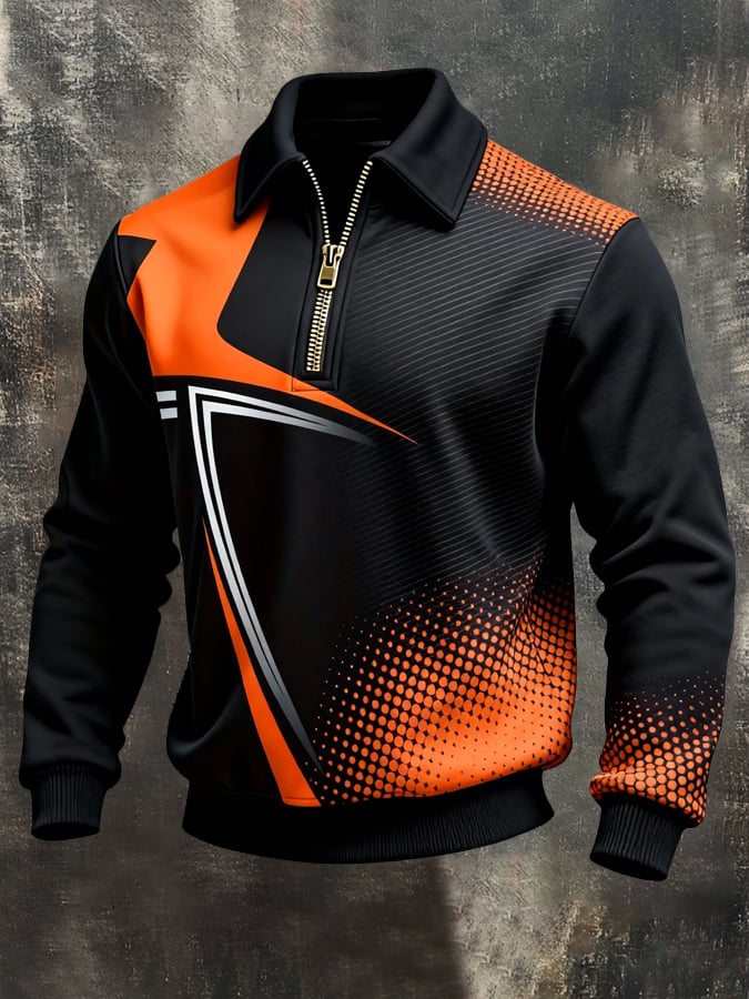 Men's Retro Color Block Print Color-Blocked Zip-Up Sweatshirt