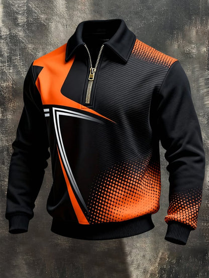 Men's Retro Color Block Print Color-Blocked Zip-Up Sweatshirt
