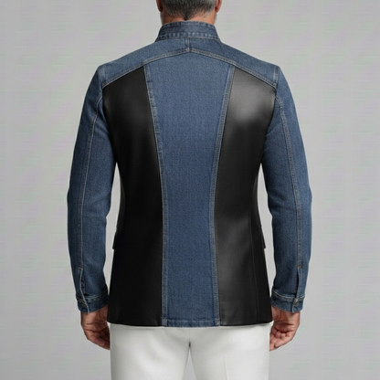 Men's Denim PU Leather Patchwork Colorblock Stand Collar Slim Fit Wrap Jacket