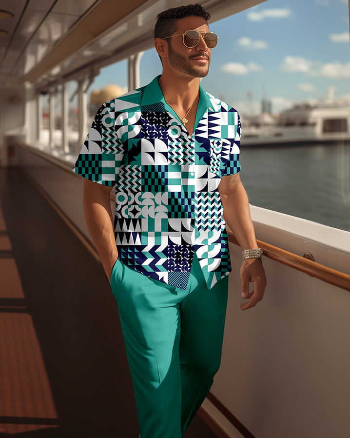 Men's retro colorblock short-sleeved shirt walking Suit 1675