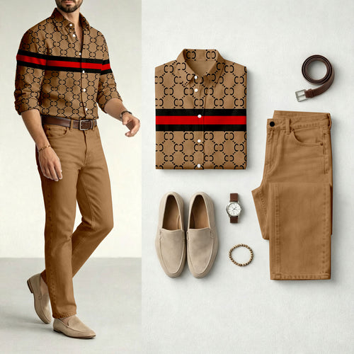 Men's Brown Printed Long-Sleeve Shirt and Jeans Set