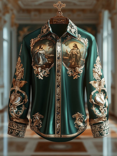 Men's Satin Luxe Saint Michael Archangel Baroque Long Sleeve Button Down Shirt