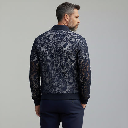 Men's Stylish Midnight Blue Guipure Lace Ribbed Cuffs Turndown Collar Zipper Jacket