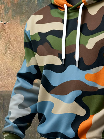 Men's Retro Distressed Color Block Camouflage Print Casual Long Sleeve Sweatshirt