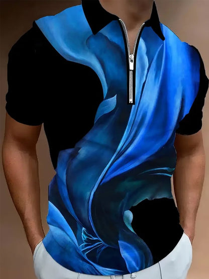 Men's Casual Color Block Zip-Up Polo Shirt
