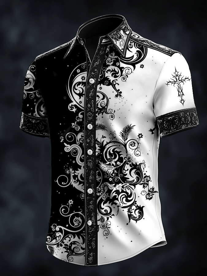 Men's Dark Skull Print Satin Short Sleeve Shirt