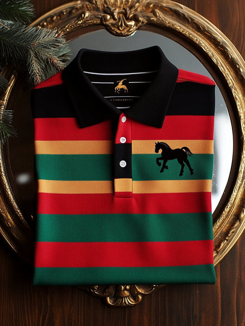 Men's Retro Business Stripe Print Long Sleeve Polo Shirt