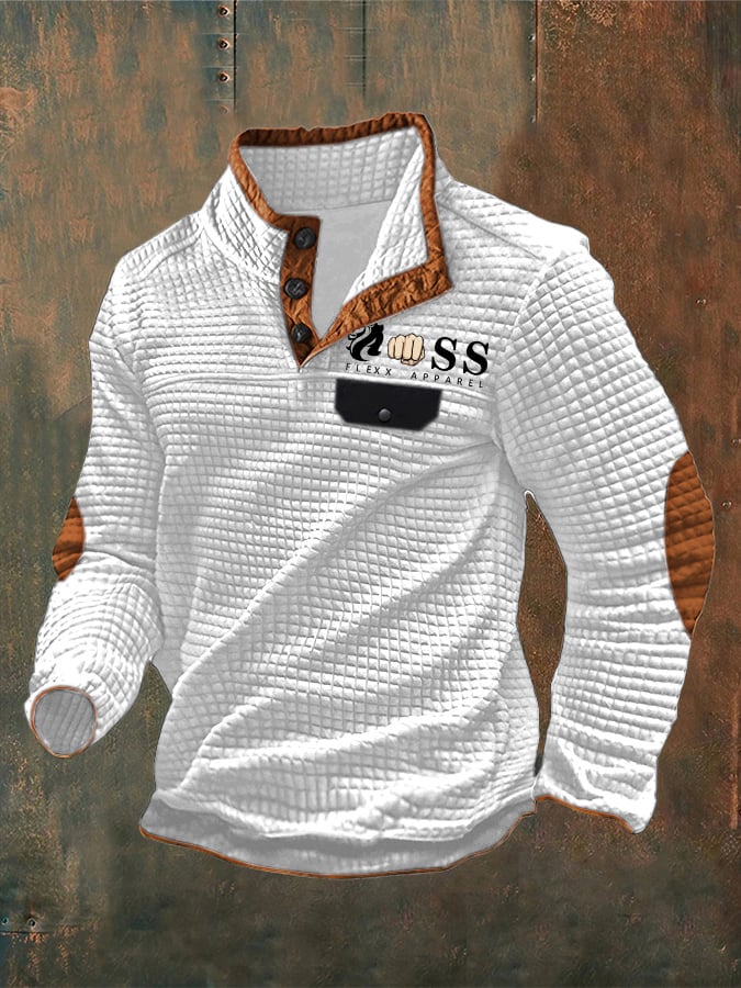 Men's Vintage Lettering Printed Stand Collar Check Button Sweatshirt