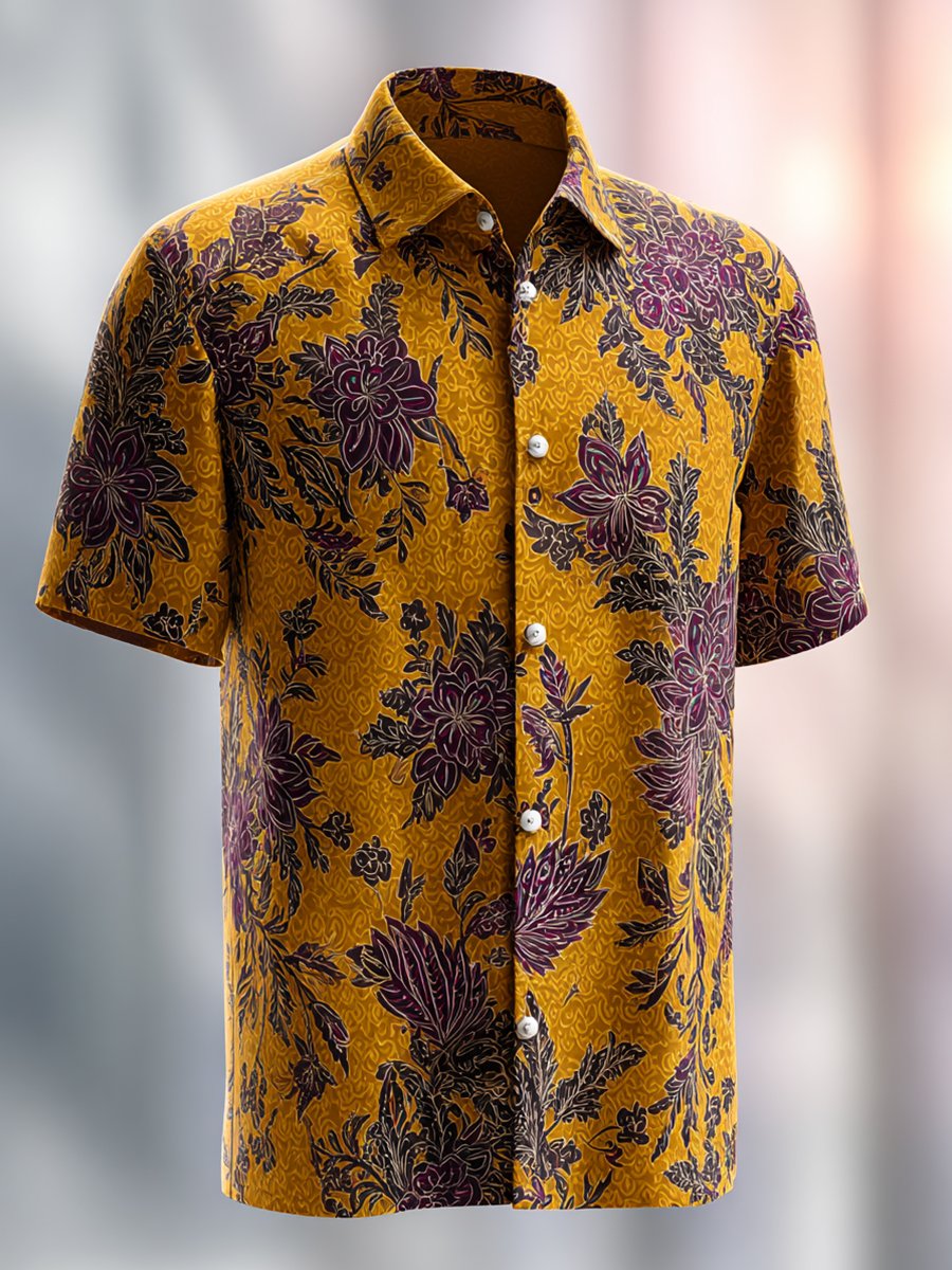 Men's Business Casual Yellow Floral Lapel Short Sleeve Shirt